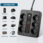 Универсален разклонител с 6 гнезда,3.4А, 5 USB порта и 1 Type-C портала, 3000W