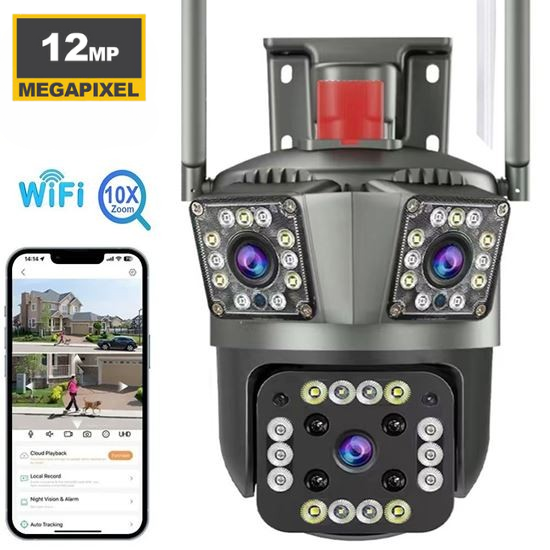Външна тройна WiFi камера с 42 диода 12MP, аларма и 10x ZOOM